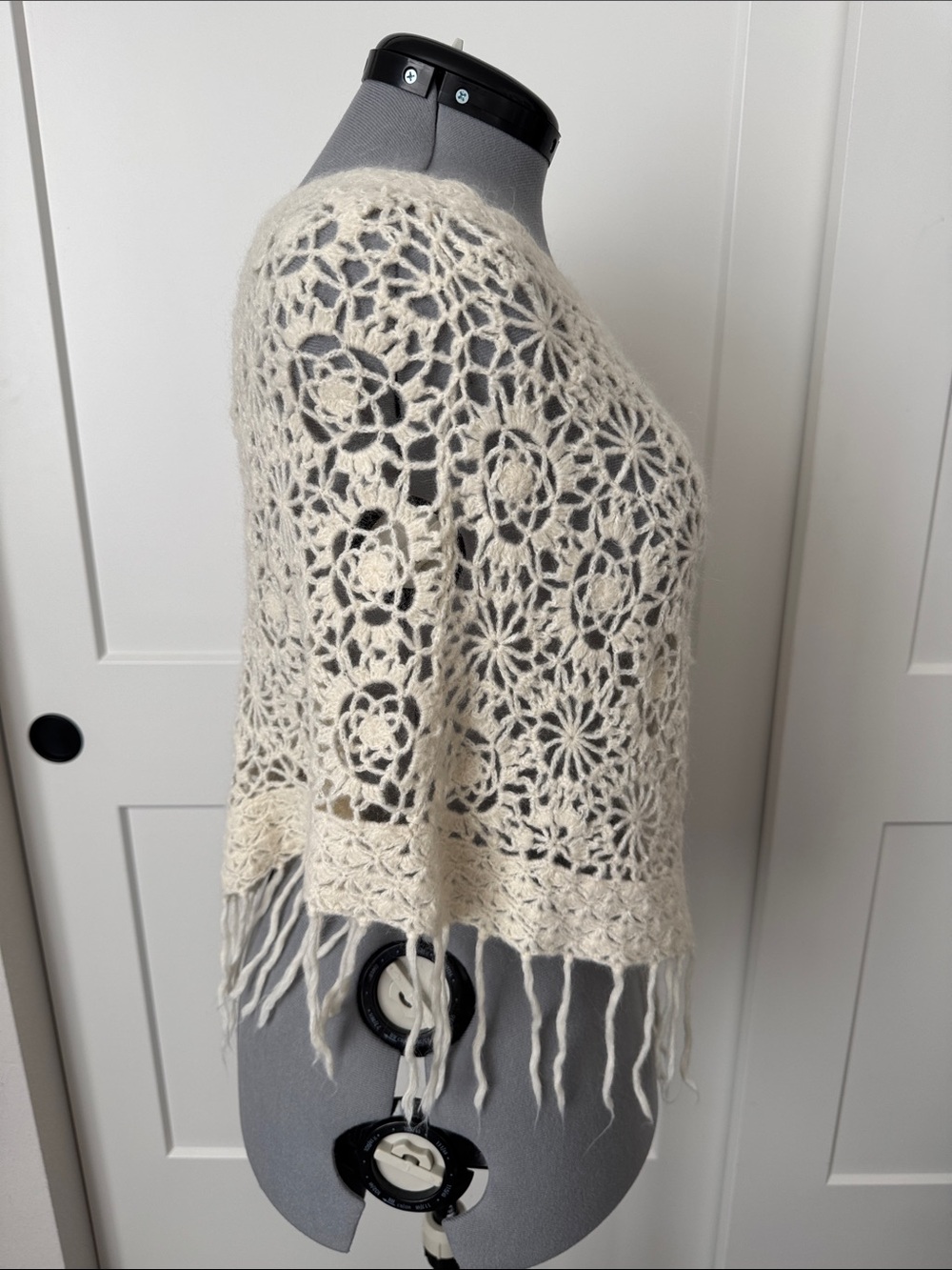 Crochet Fringe Poncho in Cream - Picture 4 of 7